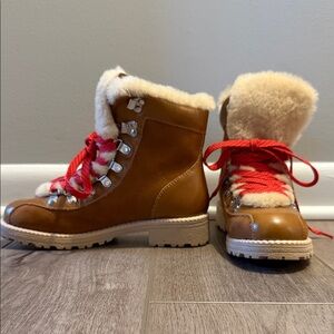 J Crew size 7 Tan Leather Winter Boots with Red Laces